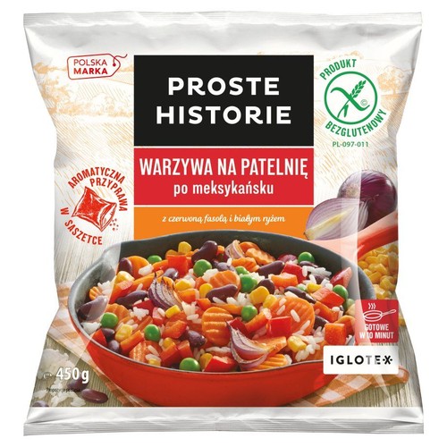 Proste Historie Warzywa na patelnię po meksykańsku, 450g. Mieszanka z czerwoną fasolą, białym ryżem i przyprawą. Bezglutenowe.