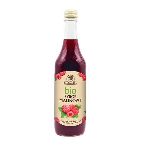 Szklana butelka syropu malinowego bio marki Rembowskich. Etykieta przedstawia maliny i informuje, że syrop jest tłoczony z 55% ekologicznych malin. Butelka ma beżową zakrętkę.