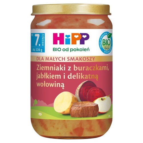HiPP słoiczek dla dzieci po 7 miesiącu: Ziemniaki z buraczkami, jabłkiem i delikatną wołowiną, 220 g. BIO od pokoleń.