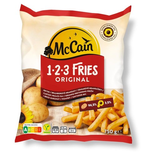 McCain 1-2-3 FRIES ORIGINAL, mrożone frytki w białej torebce. Waga 750 g. Produkt wegański.