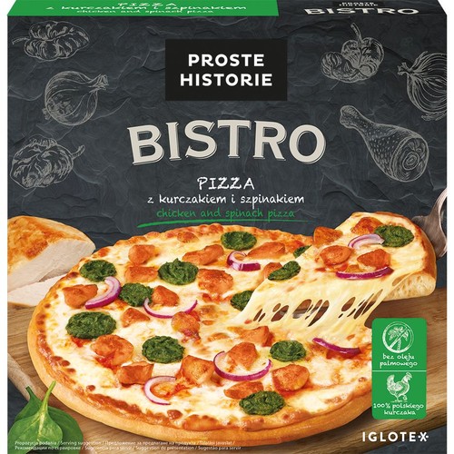 Pizza Bistro z kurczakiem i szpinakiem, z roztopionym serem i kawałkami czerwonej cebuli. Produkt 435g. Bez oleju palmowego.