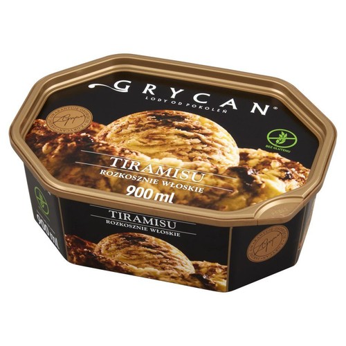 Grycan Lody Tiramisu w czarnym, sześciokątnym opakowaniu z złotą pokrywką, o pojemności 900 ml. Na etykiecie widoczne są gałki lodów.