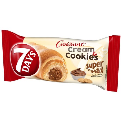 Czerwono-białe opakowanie 7 DAYS Croissant Cream & Cookies Super Max. Na grafice widoczny jest przekrojony rogalik z obfitym nadzieniem orzechowym i kawałkami ciastek. Obok stoi mała miseczka z kremem i dwa okrągłe ciasteczka.