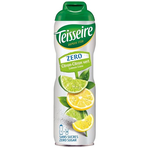 Syrop Teisseire Zero Cytryna-Limonka w charakterystycznej białej butelce z zieloną zakrętką. Etykieta zawiera napis "Zero" oraz "Lemon-Lime". Grafika przedstawia świeże plasterki cytryny i limonki z kroplami wody. Bez cukru.