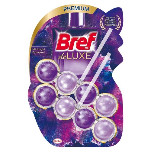 Fioletowy odświeżacz Bref WC de LUXE Midnight Bouquet. 8 żelowych kulek, tło w odcieniach fioletu i granatu.
