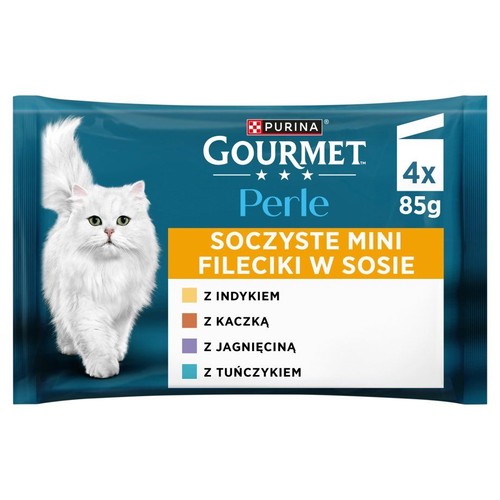 Karma dla kota Gourmet Perle, mini fileciki w sosie. Opakowanie 4x 85g. Design z białym kotem i informacją o różnych smakach.