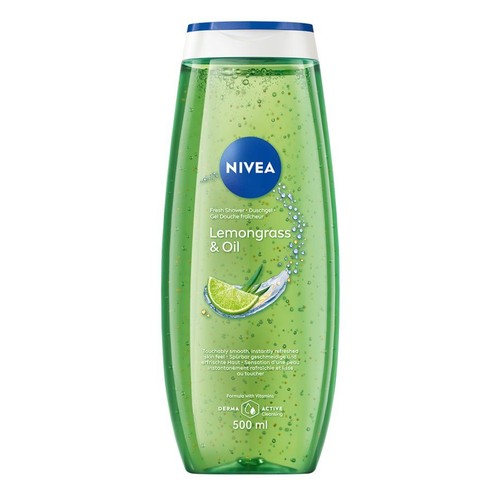 NIVEA żel pod prysznic Trawa cytrynowa i olejek, 500 ml. Zielona butelka z niebieską nakrętką.