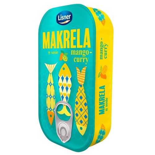 Owalna puszka Lisner Makrela w sosie mango-curry. Na turkusowym tle wzory ryb i żółte napisy. Waga 110g.
