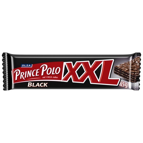 Prince Polo XXL Black, wafelek czekoladowy marki Olza, 45 gramów. Produkt w czarnym opakowaniu z czerwonymi literami i grafiką wafelka, dostępny od 1955 roku.