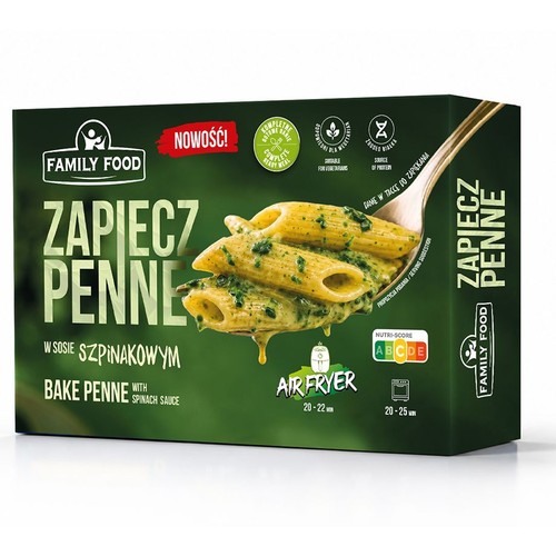Zielone opakowanie Family Food Zapiecz Penne w sosie szpinakowym. Na grafice makaron penne z zielonym sosem na łyżce. Nowość.