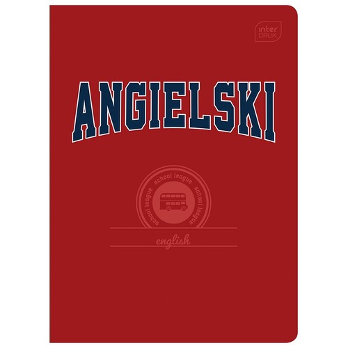 Czerwona okładka zeszytu Interdruk z dużym, granatowym napisem "ANGIELSKI" w stylu college. Poniżej znajduje się okrągłe logo z grafiką czerwonego autobusu piętrowego i napisem "school league". Na dole widnieje delikatny napis "english".