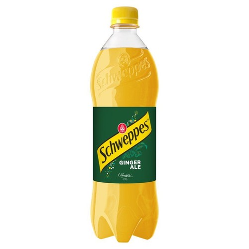 Butelka napoju gazowanego Schweppes Ginger Ale. Ma żółtą zakrętkę i zieloną etykietę z dużym żółtym napisem "Schweppes" oraz mniejszym "Ginger Ale". Na etykiecie widoczna jest data "1783".