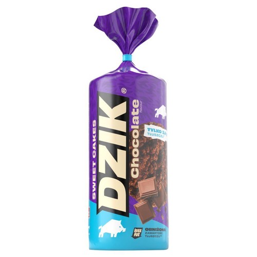 Fioletowo-niebieskie, cylindryczne opakowanie ciastek DZIK o smaku czekoladowym. Na etykiecie widnieje duży napis "DZIK", "Sweet Cakes" oraz "Chocolate flavour". Grafika przedstawia kawałki czekolady i ciasta. Produkt ma obniżoną zawartość tłuszczu.