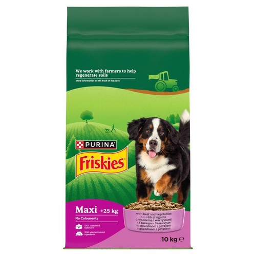 Friskies Maxi 10 kg, karma dla psów dużych ras. Zielono-fioletowa torba z wizerunkiem psa, miski karmy i krajobrazu.