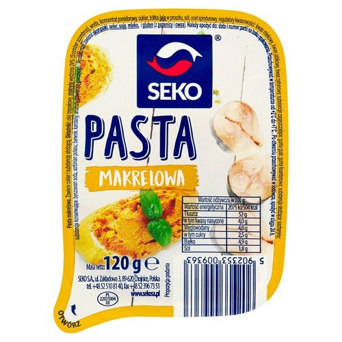 Produkt SEKO Pasta Makrelowa, 120g. Żółte opakowanie z niebieskim logo. Etykieta przedstawia pastę z bazylią i kawałki makreli. Zawiera makrelę wędzoną 24%. Widoczne dane odżywcze.
