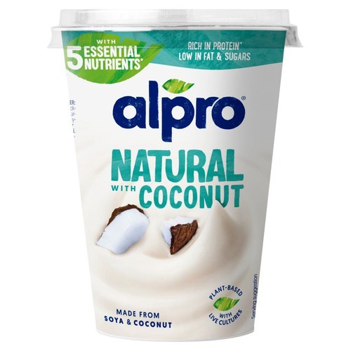 Kubek Alpro Naturalny z Kokosem, na bazie soi. Roślinny, z żywymi kulturami bakterii. Zawiera 5 niezbędnych składników odżywczych.