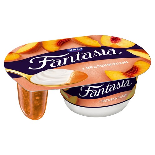 Dwa połączone jogurty Danone Fantasia o smaku brzoskwiniowym. Widoczny jogurt i kawałki brzoskwiń.