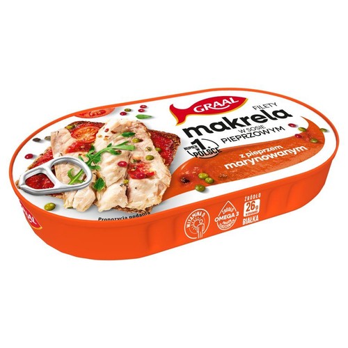 Owalna puszka Graal Filety makreli w sosie pieprzowym. Na wieczku grafika propozycji podania z rybą i sosem.
