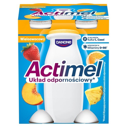 Opakowanie Actimel Wieloowocowy z Danone, zawierające 20 miliardów kultur L. Casei. Wspiera prawidłowe funkcjonowanie odporności.