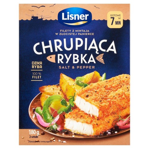 Produkt Lisner Chrupiąca Rybka: filety z mintaja w złocistej panierce, przyprawione solą i pieprzem. Opakowanie 180g zawiera 2 sztuki. Na grafice widoczne są dwa usmażone filety rybne z chrupiącą panierką, podane z pieczonymi ziemniakami i warzywami.