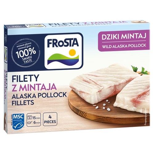 Opakowanie Frosta Filety z Mintaja, Dziki Mintaj z Alaski, 4 sztuki. Na pudełku grafika surowych filetów na desce.