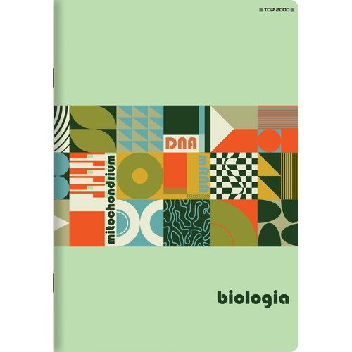 Zeszyt do biologii z serii TOP 2000. Jasnozielona okładka z dolną częścią pokrytą abstrakcyjnym, geometrycznym wzorem w odcieniach zieleni, pomarańczu i błękitu. Wzór zawiera napisy: DNA, mitochondrium, mRNA.