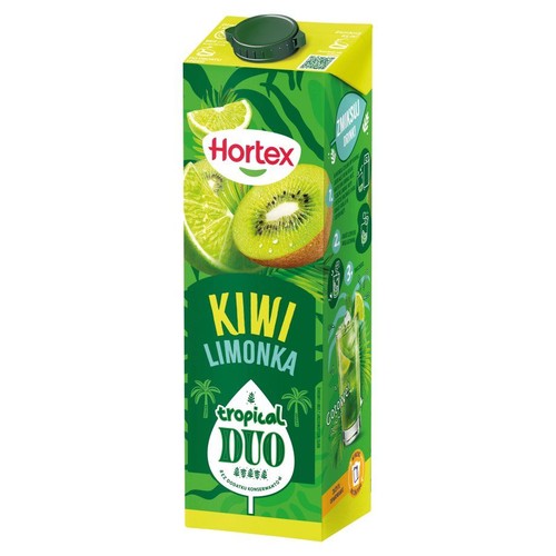 Napój Hortex Kiwi Limonka w zielonym kartonie z zakrętką. Na opakowaniu grafika owoców.