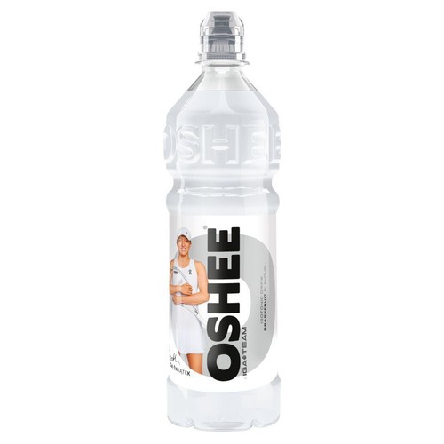 Napój izotoniczny OSHEE grejpfrut potas w butelce 750 ml. Na etykiecie grafika tenisistki Igi Świątek z rakietą.