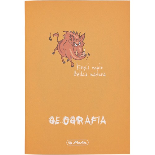 Zeszyt szkolny w kolorze pomarańczowym, przeznaczony do geografii. Centralnie umieszczona grafika kreskówkowego dzika. Poniżej hasło "Kręci mnie dzika natura". Logo Herlitz.