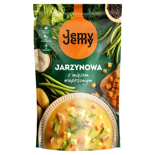Opakowanie zupy warzywnej Jemy Jemy z wieprzowiną. Produkt bez konserwantów i barwników, wystarczy podgrzać. Widoczna miska zupy.