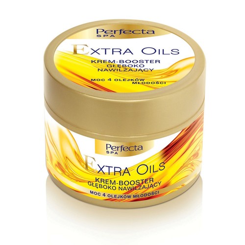Krem-booster Perfecta SPA Extra Oils w złotym słoiczku. Etykieta produktu z napisem "Extra Oils" i "Krem-Booster Głęboko Nawilżający". Grafika na etykiecie symbolizuje płynne, złote olejki. Produkt zawiera moc 4 olejków młodości.
