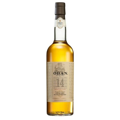 Szklana butelka whisky Oban, szkockiej whisky single malt. Etykieta w kolorze beżowym z czarnym napisem "OBAN" i rysunkiem statku. Na górze butelki brązowa zakrętka i mała etykieta z napisem "OBAN 1794".