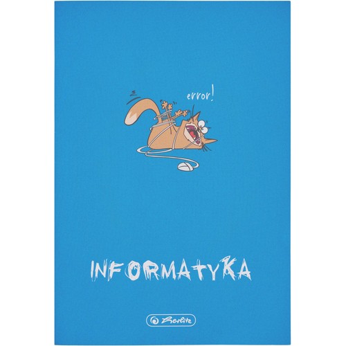 Niebieski zeszyt z okładką ozdobioną humorystyczną grafiką. Przedstawia ona pomarańczowego kota, który jest zaplątany w biały kabel od myszki komputerowej, z napisem "error!" nad głową. Na dole widnieje duży napis "INFORMATYKA" oraz logo Herlitz.