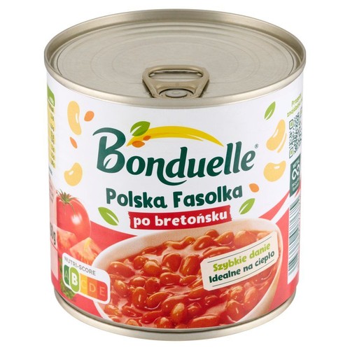Bonduelle Polska Fasolka po bretońsku w puszce. Etykieta z grafiką fasolki w sosie i hasłem "Idealne na ciepło".
