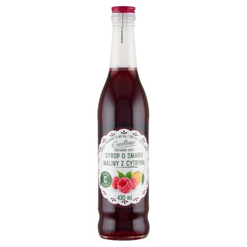 Butelka syropu Excellence o smaku maliny z cytryną, 430 ml. Jest to suplement diety, źródło witaminy C.