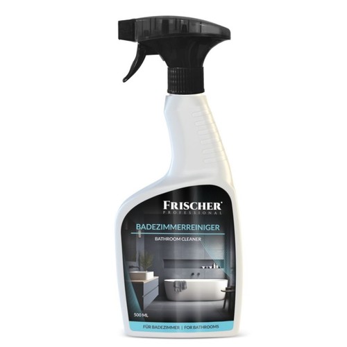 Biała butelka sprayu FRISCHER PROFESSIONAL 500 ml do czyszczenia łazienek. Na etykiecie grafika nowoczesnej łazienki z wanną.