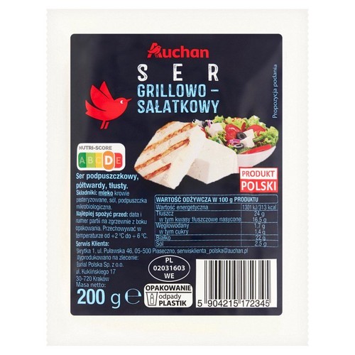 Ser Grillowo-Sałatkowy Auchan, 200 g. Produkt Polski. Półtwardy ser z mleka krowiego. Na opakowaniu propozycja podania.