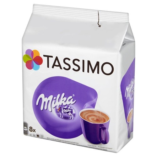 Opakowanie Tassimo Milka, 8 porcji. Na froncie fioletowe logo Milka i kubek z czekoladowym napojem.