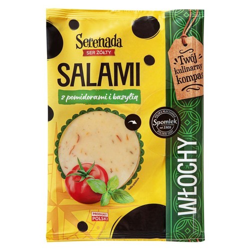 Opakowanie sera żółtego Serenada Salami z pomidorami i bazylią. Widoczny plaster sera, pomidor i bazylia.