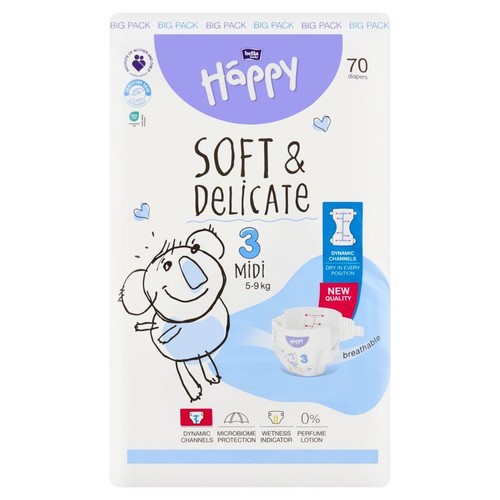 Opakowanie pieluszek Bella Happy Soft & Delicate Midi S3, 70 sztuk. Biała torba z fioletowym logo i rysunkiem koali.