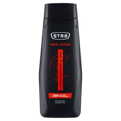 Czarna butelka żelu pod prysznic STR8 Red Code z czerwoną grafiką i napisem "8H lasting fragrance".