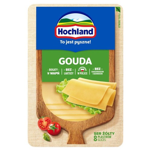 Opakowanie sera Hochland Gouda w plastrach, 8 sztuk. Ser jest bogaty w wapń, bez laktozy, konserwantów i barwników.