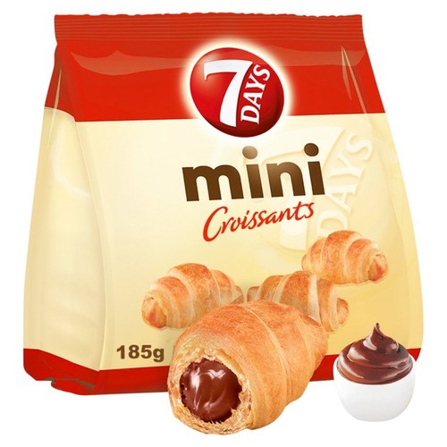 Produkt 7 DAYS Mini Croissants 185g. Beżowo-czerwona torebka z logo i ilustracją rogalików z kremem czekoladowym.