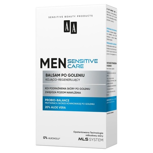 AA MEN Sensitive Care balsam po goleniu kojąco-regenerujący. Zawiera 20% aloesu i 0% alkoholu. Koi podrażnienia.
