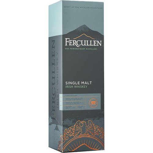 Eleganckie, szare pudełko Fercullen Single Malt Irish Whiskey, 700ml. Z przodu widoczna nazwa produktu, grafika gór i złoty, stylizowany wzór z ptakiem. Na bocznej ściance pionowy napis "Fercullen Irish Whiskey".