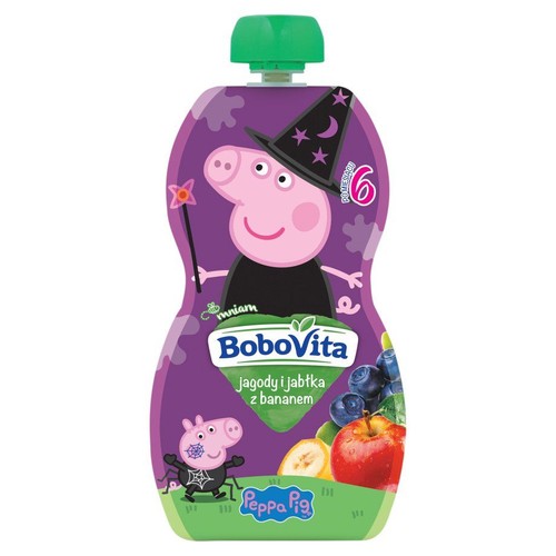 Saszetka BoboVita dla dzieci po 6 miesiącach, z wizerunkiem Peppy Pig. Zawiera mus jagodowo-jabłkowo-bananowy.