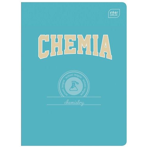 Turkusowa okładka zeszytu do chemii z logo Inter Druk w prawym górnym rogu. Centralnie umieszczony napis "CHEMIA" oraz grafika kolby laboratoryjnej z otaczającym ją tekstem "school league".