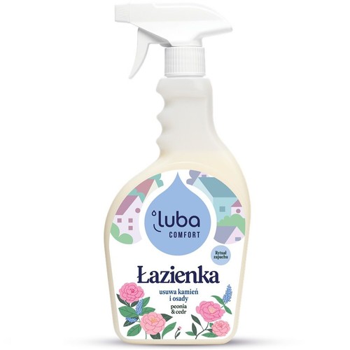 Butelka Luba Comfort do czyszczenia łazienki. Usuwa kamień i osady, zapach peonii i cedru. Biała z etykietą.