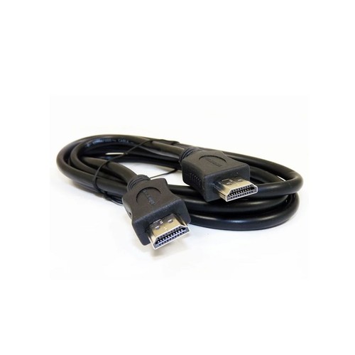 Kabel HDMI w kolorze czarnym, ułożony w zwoje. Widoczne są dwie standardowe wtyczki HDMI, każda z metalowymi pinami. Produkt jest przedstawiony na jednolitym, białym tle.
