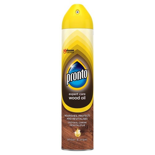 Spray Pronto Wood Oil do pielęgnacji drewna. Opakowanie z żółtą nakrętką i grafiką drewna.